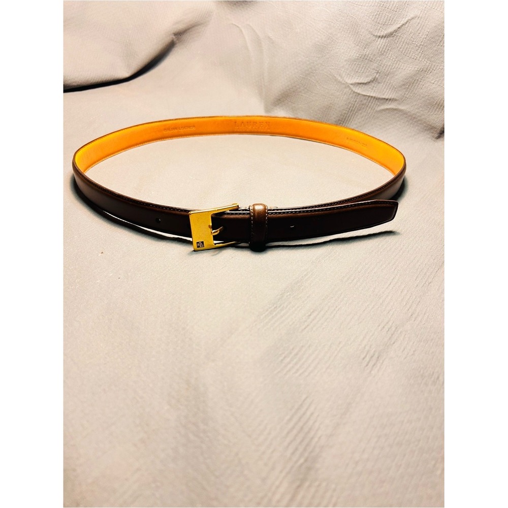Lauren Ralph Lauren Womens Brown Italian Leather Belt Gold RL Logo Buckle Skinny - Picture 2 of 7